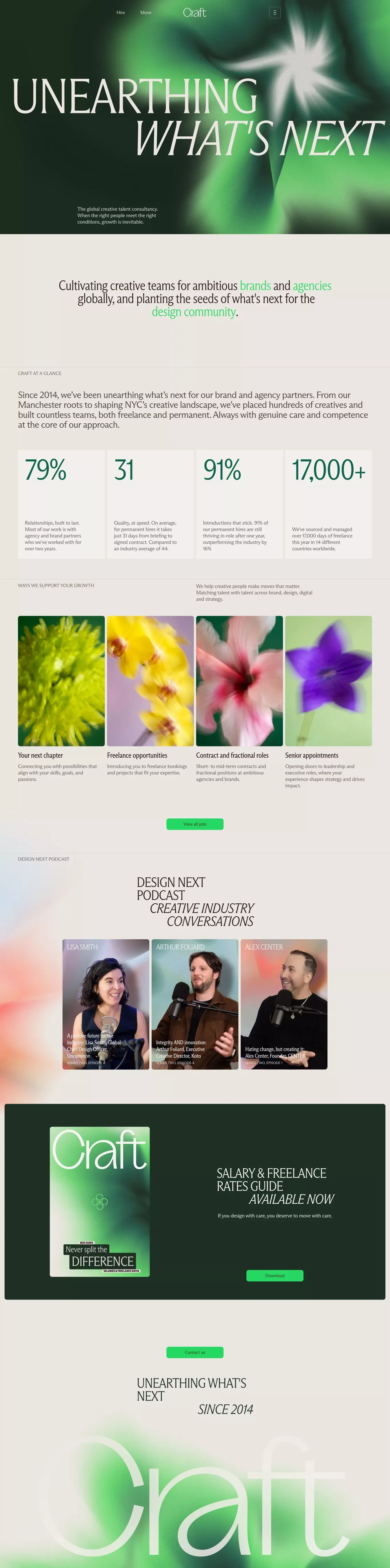 Craft - Unearthing What's Next landing page screenshot showcasing HR design