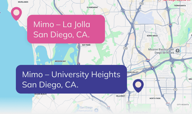 Map of San Diego showing Mimo locations in La Jolla and University Heights to highlight accessibility and vibrant coastal presence.