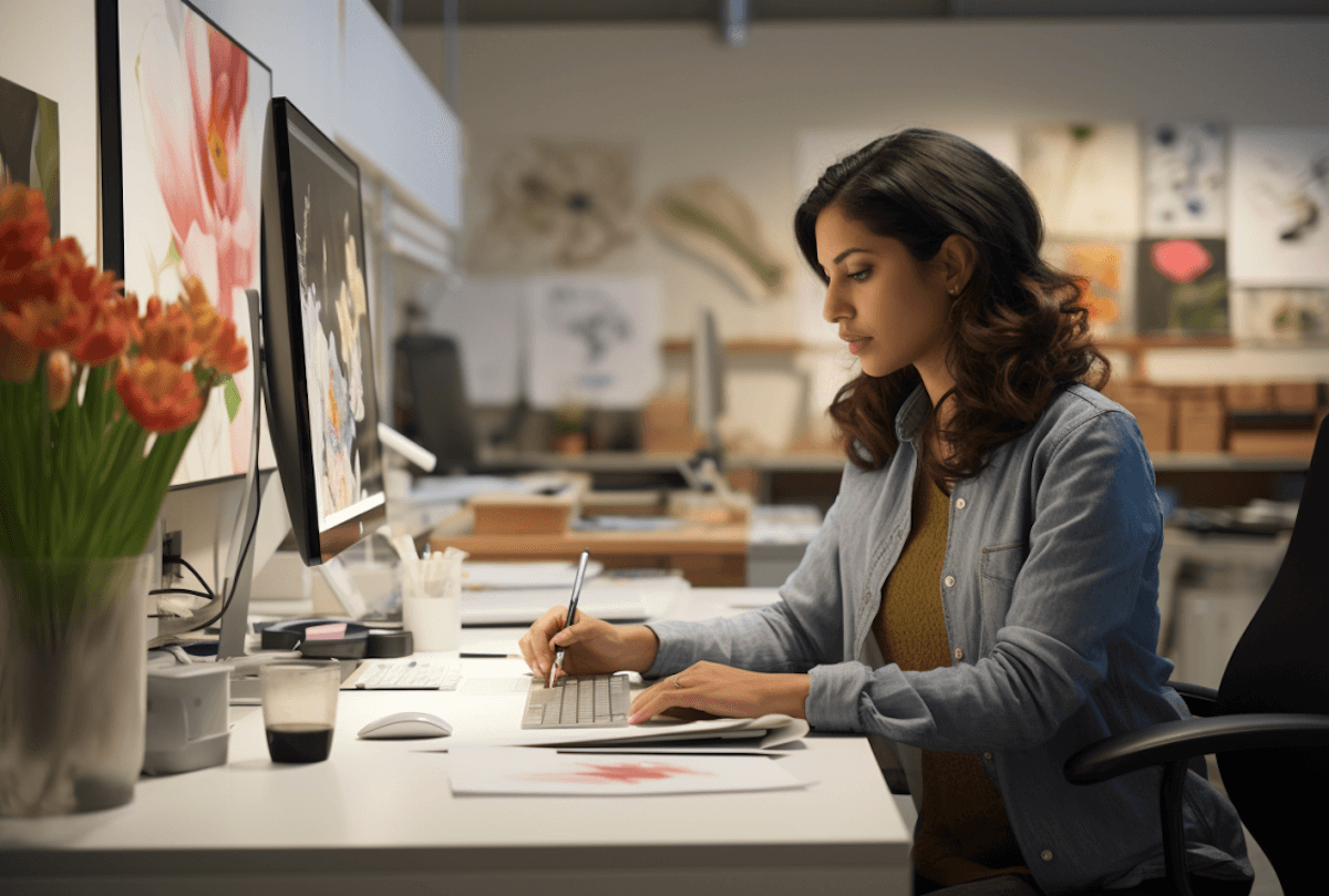 A woman sitting at a desk, working on a computer, surrounded by plants and various office items.