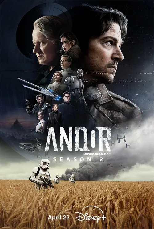 Poster for Season 2 of Andor featuring the main cast including Cassian Andor, Bix Caleen, Luthen Rael, K2SO, Mon Mothma, Orson Krennic, Saw Gerrera,a nd more over a field with Stormtroopers walking through it.