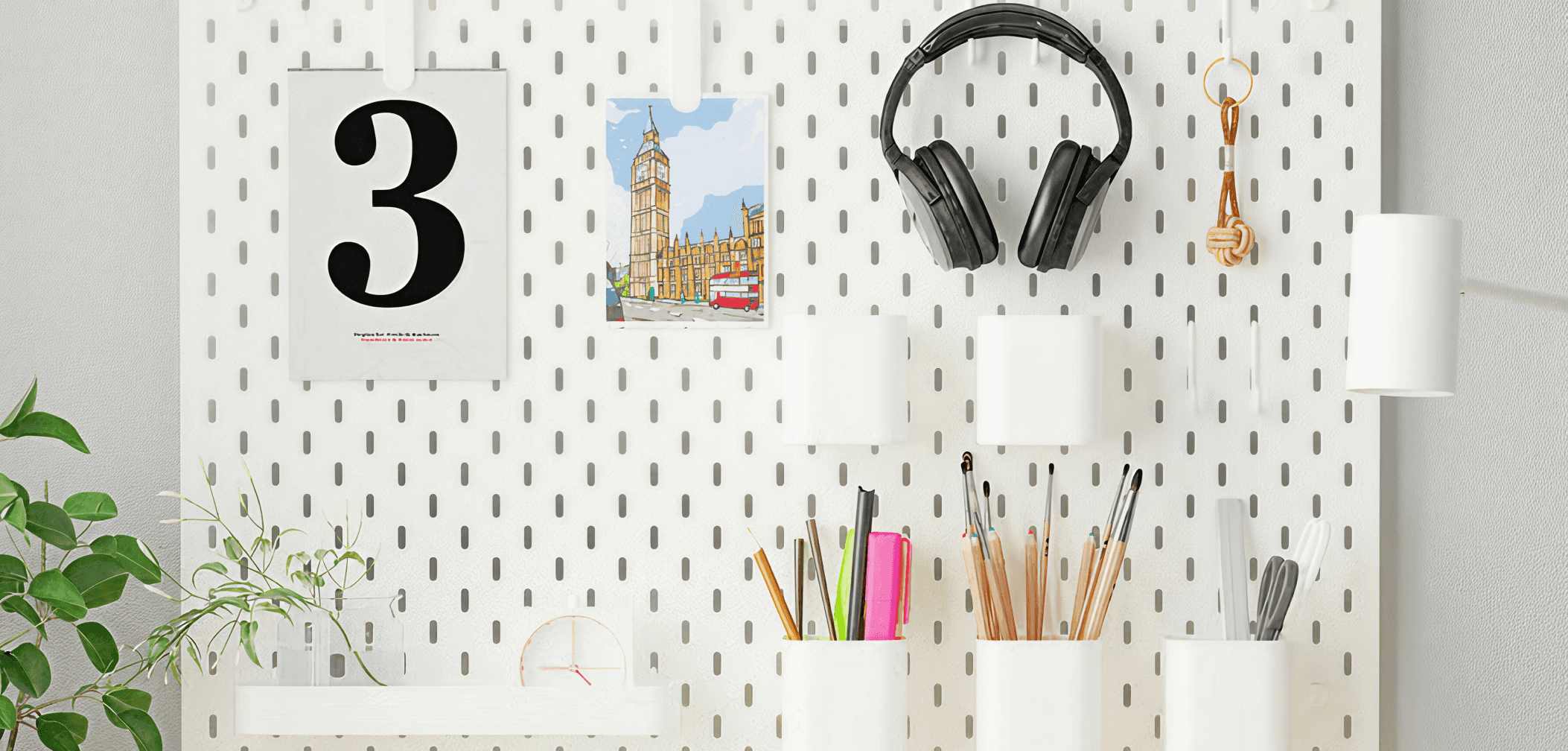 White pegboard wall with hanging calendar, photo, headphones, and cups holding pens and brushes, with a small plant on the side.