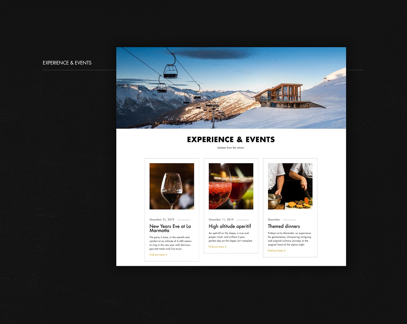 Sezione Experience & Events per mostrare i prossimi eventi organizzati nella location