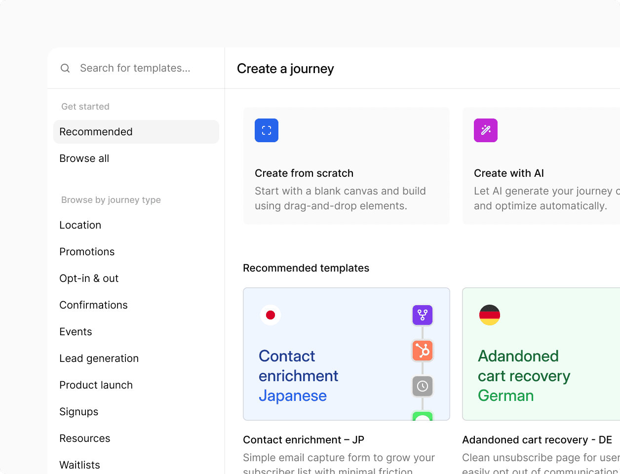 Bird's template library with options such as “Create from scratch” and “Create with AI”, featuring recommended templates.