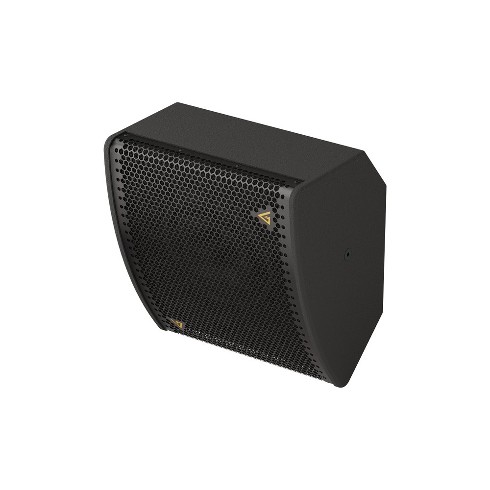 Black speaker with honeycomb grill and gold logo