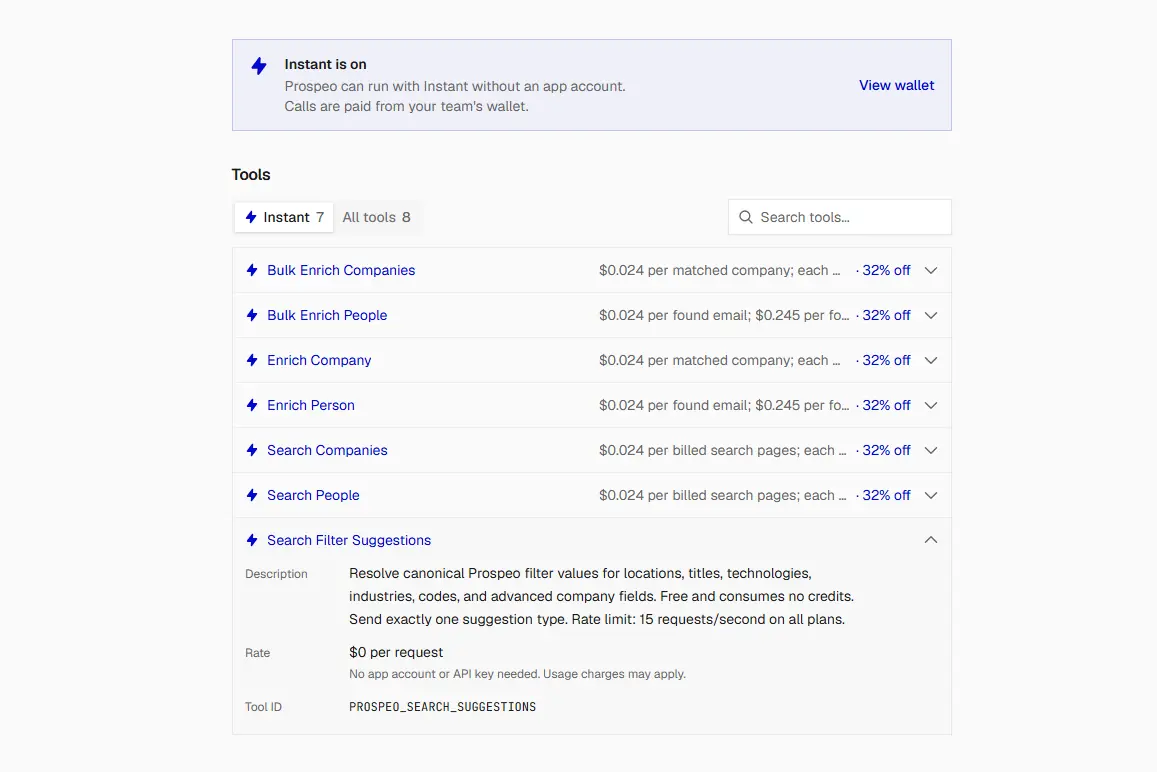 Prospeo Instant tools and their per-call prices in Composio