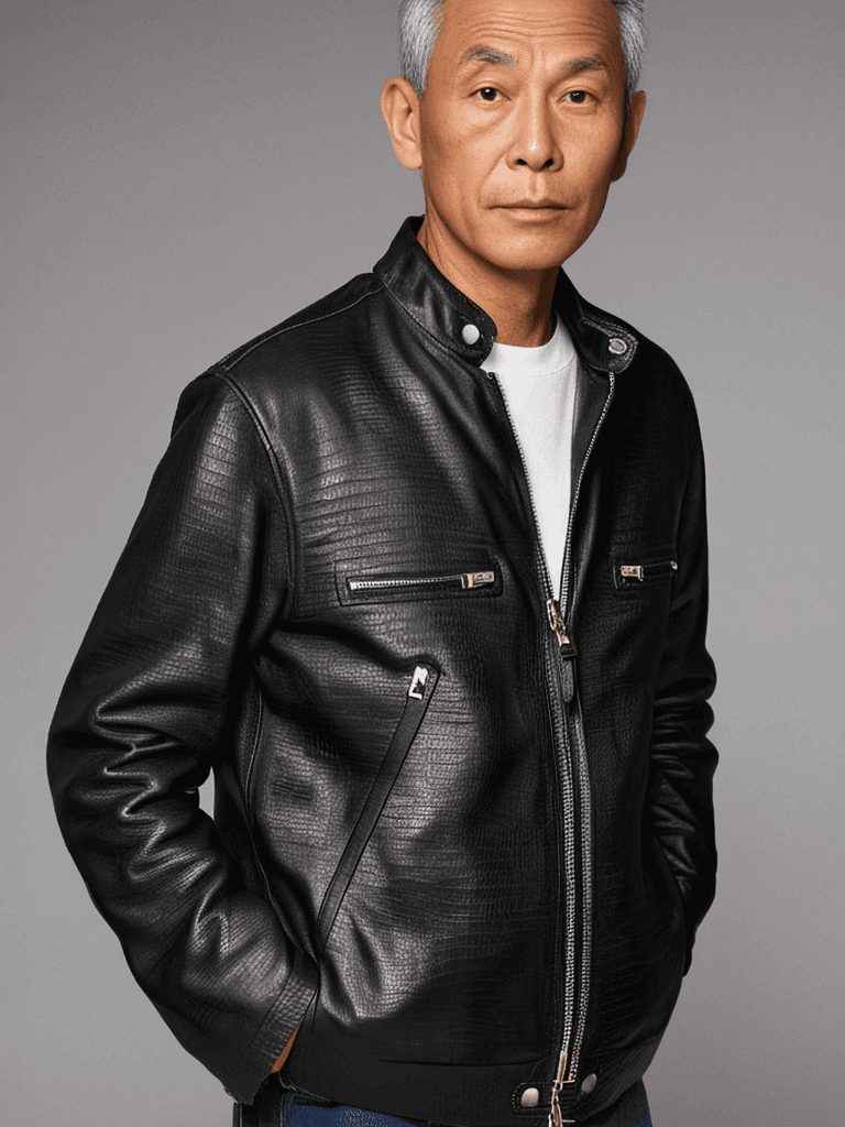 asian elderly man wearing a leather jacket