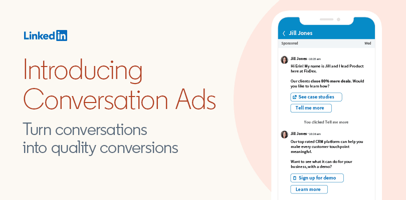 LinkedIn Conversation Ad 2026 preview showing chat-style interface with B2B offer flow and click-through CTA.