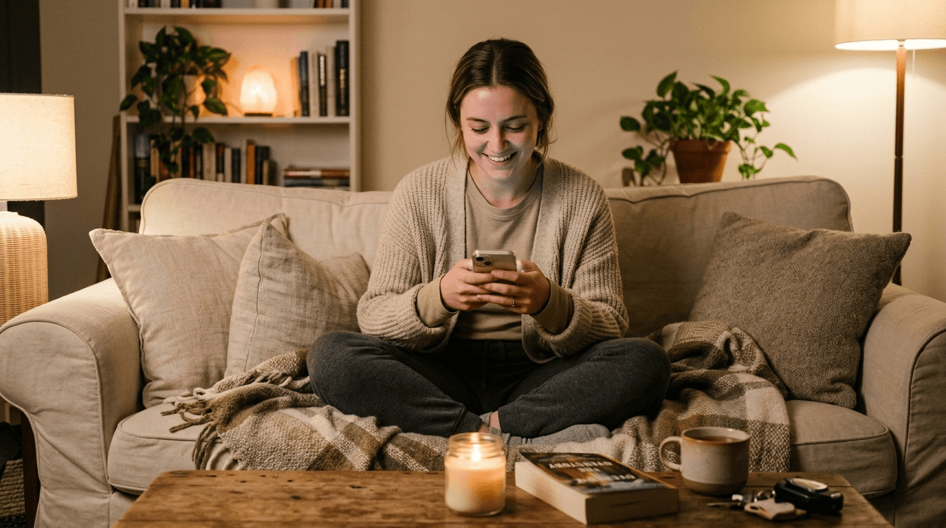 A young woman texting from her couch with a small smile in a cozy candlelit living room