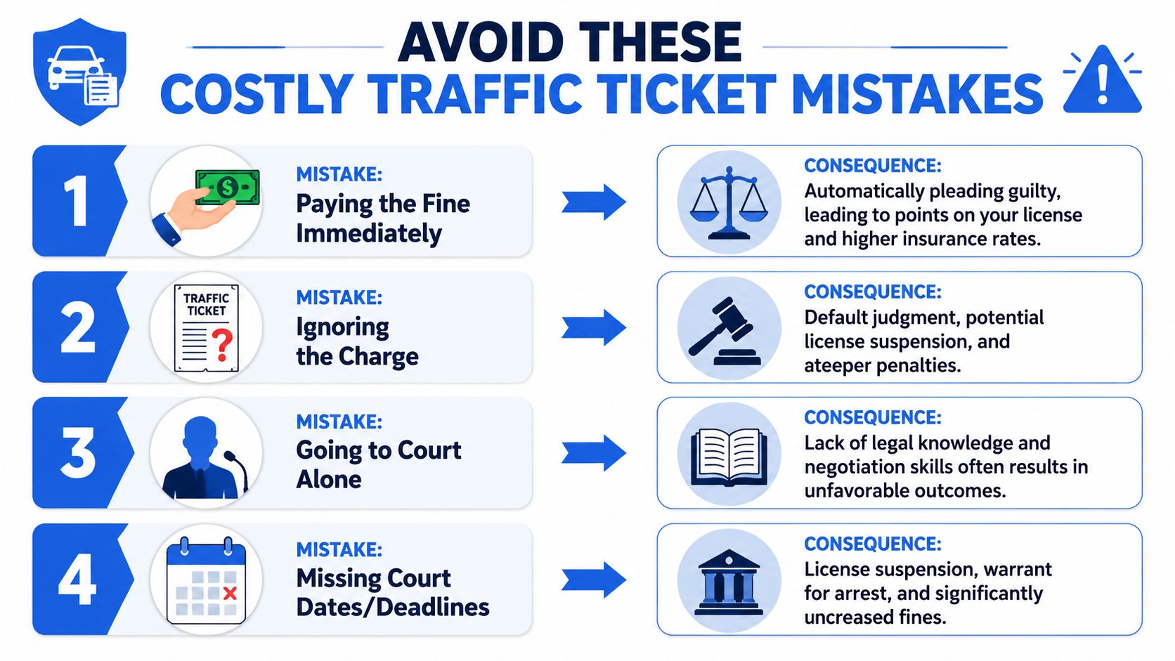 An infographic titled Avoid These Costly Traffic Ticket Mistakes with four numbered points and their consequences.
