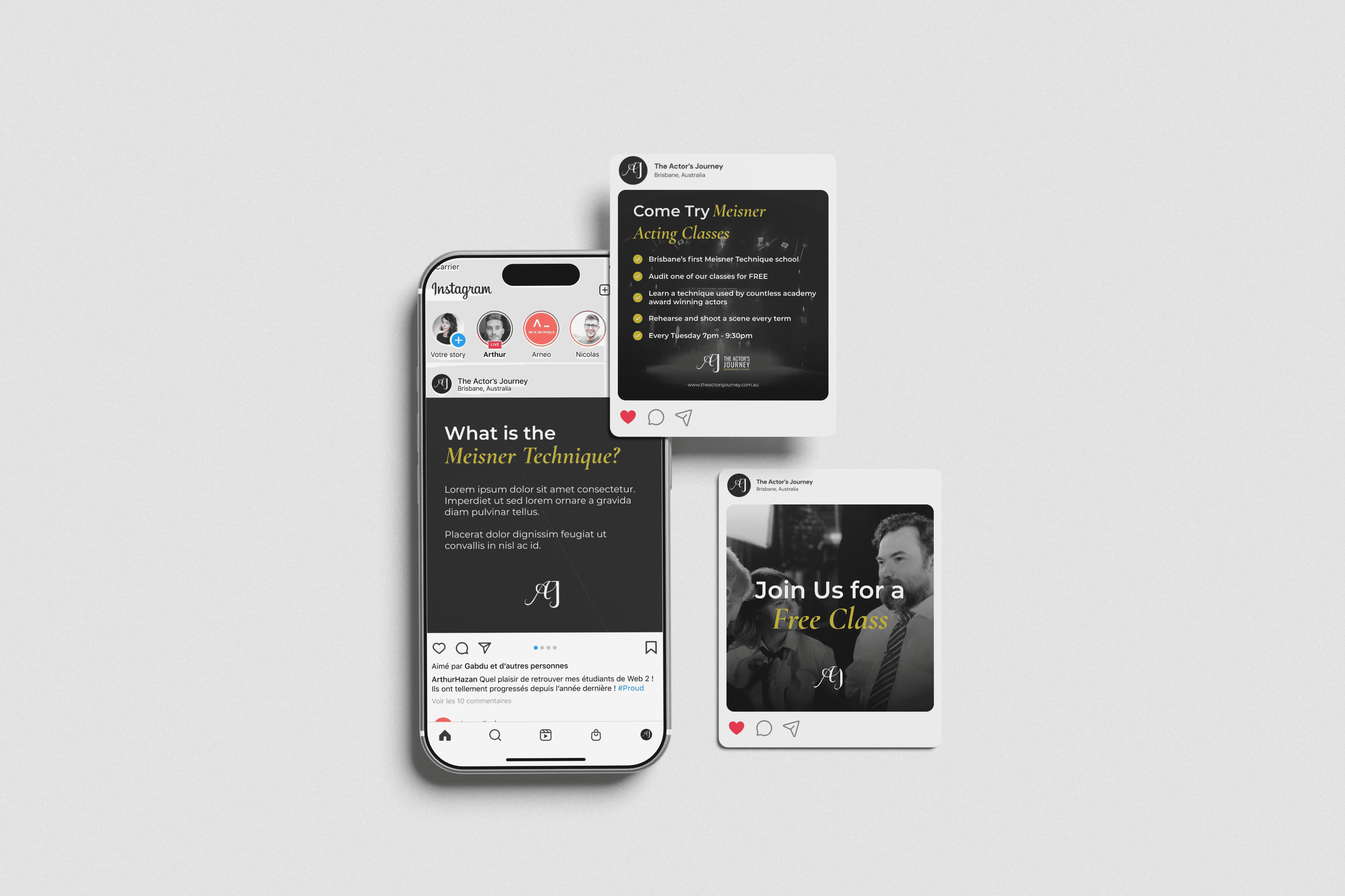 A phone mockup showing three instagram post designs