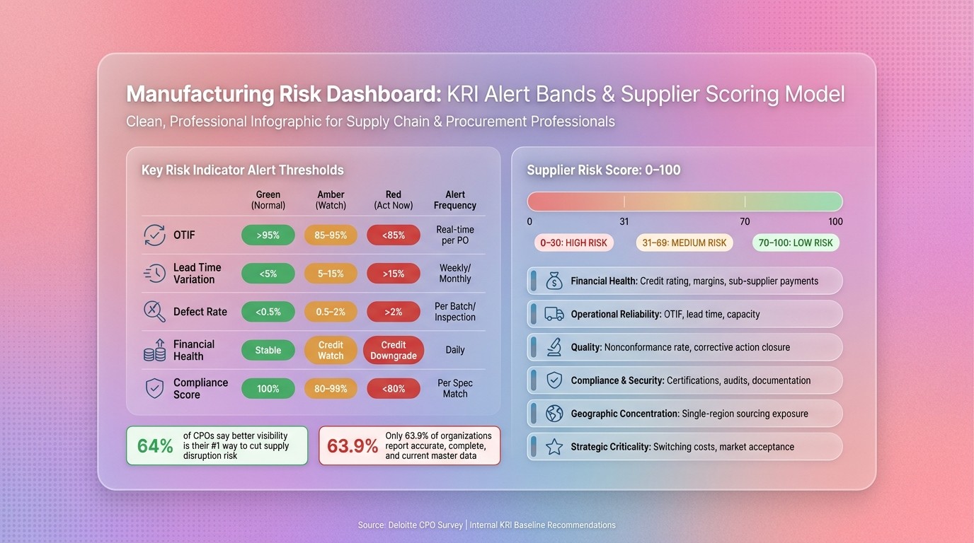 Manufacturing Risk Dashboard: KRI Alert Bands & Supplier Scoring Model