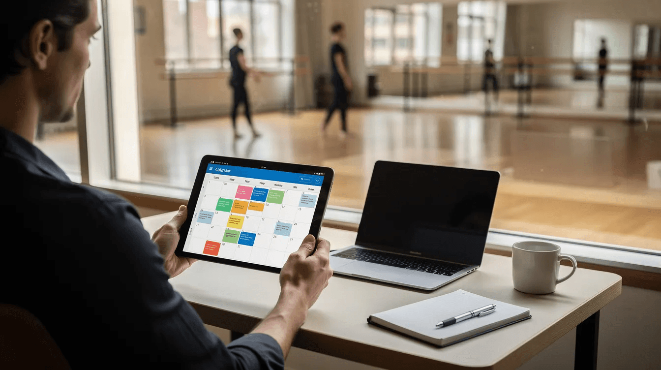 A person is seated at a desk, focused on a tablet displaying a calendar application for appointment scheduling, while a dance studio with mirrors and ballet bars is visible in the background. This setting highlights the use of class scheduling software to manage upcoming classes and appointments effectively.