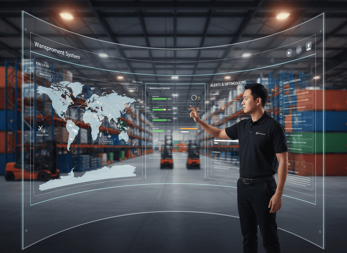 “Modern supply chain dashboard showing real-time logistics tracking, ETAs, warehouse insights, and route optimisation for high-velocity logistics platforms.”