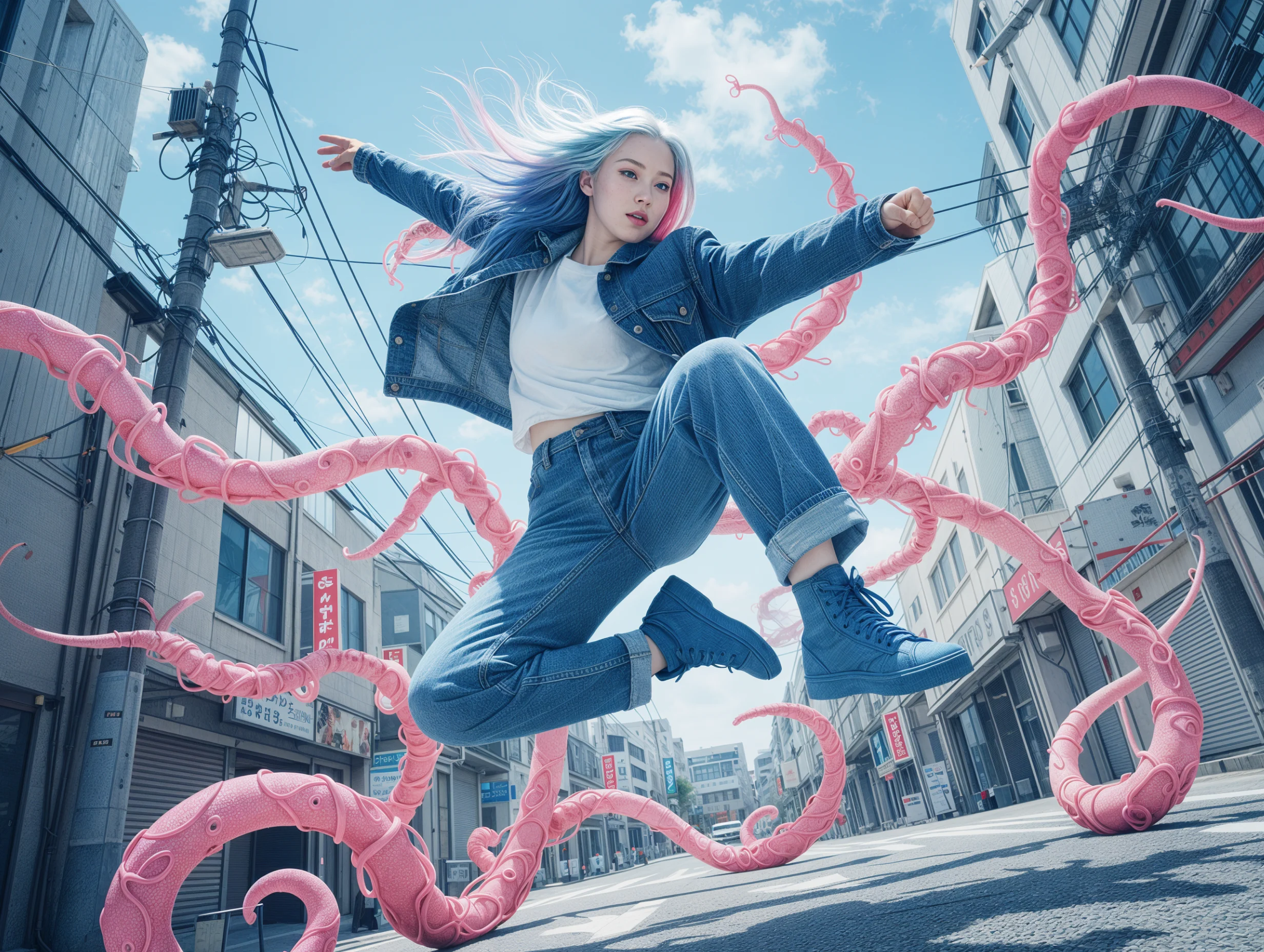 Dynamic street portrait of a denim-clad model mid-jump with pink tentacle-like forms in the background