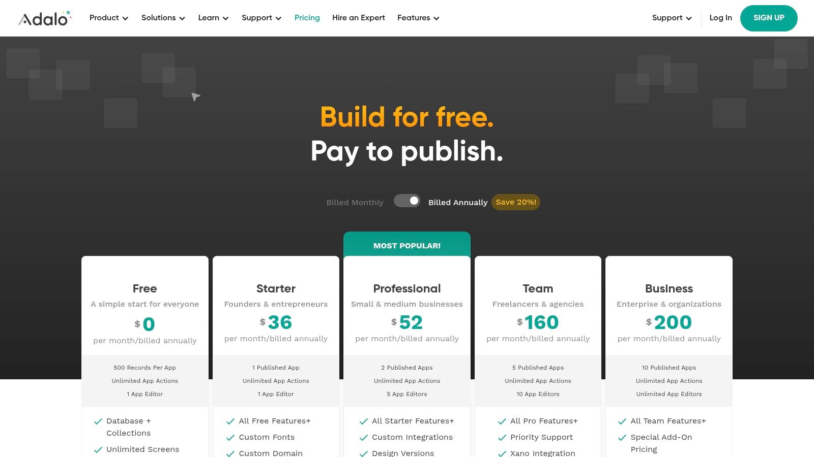 Adalo no-code app builder with drag-and-drop interface for building mobile and web apps