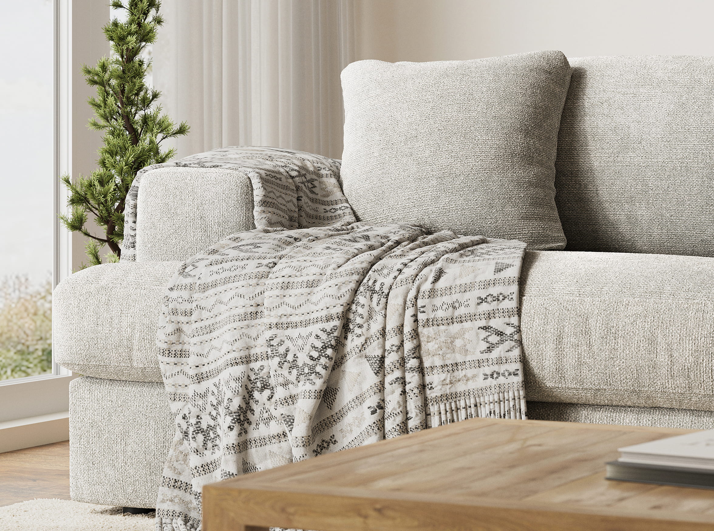 Lifestyle 3D render of fabric sofa with cushions and throw in a modern living room