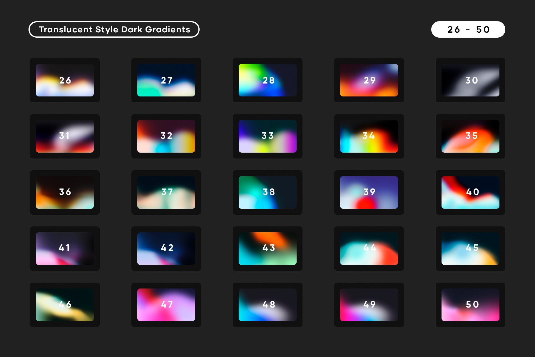 Second set of 25 dark gradient backgrounds with vibrant colors and a smooth glow effect.