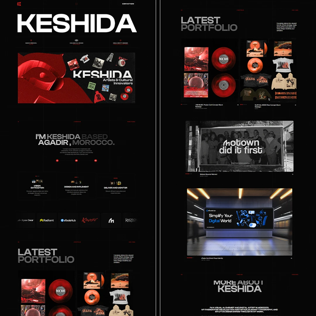 Keshida portfolio website. Design layout with music album, website, and digital work examples.
