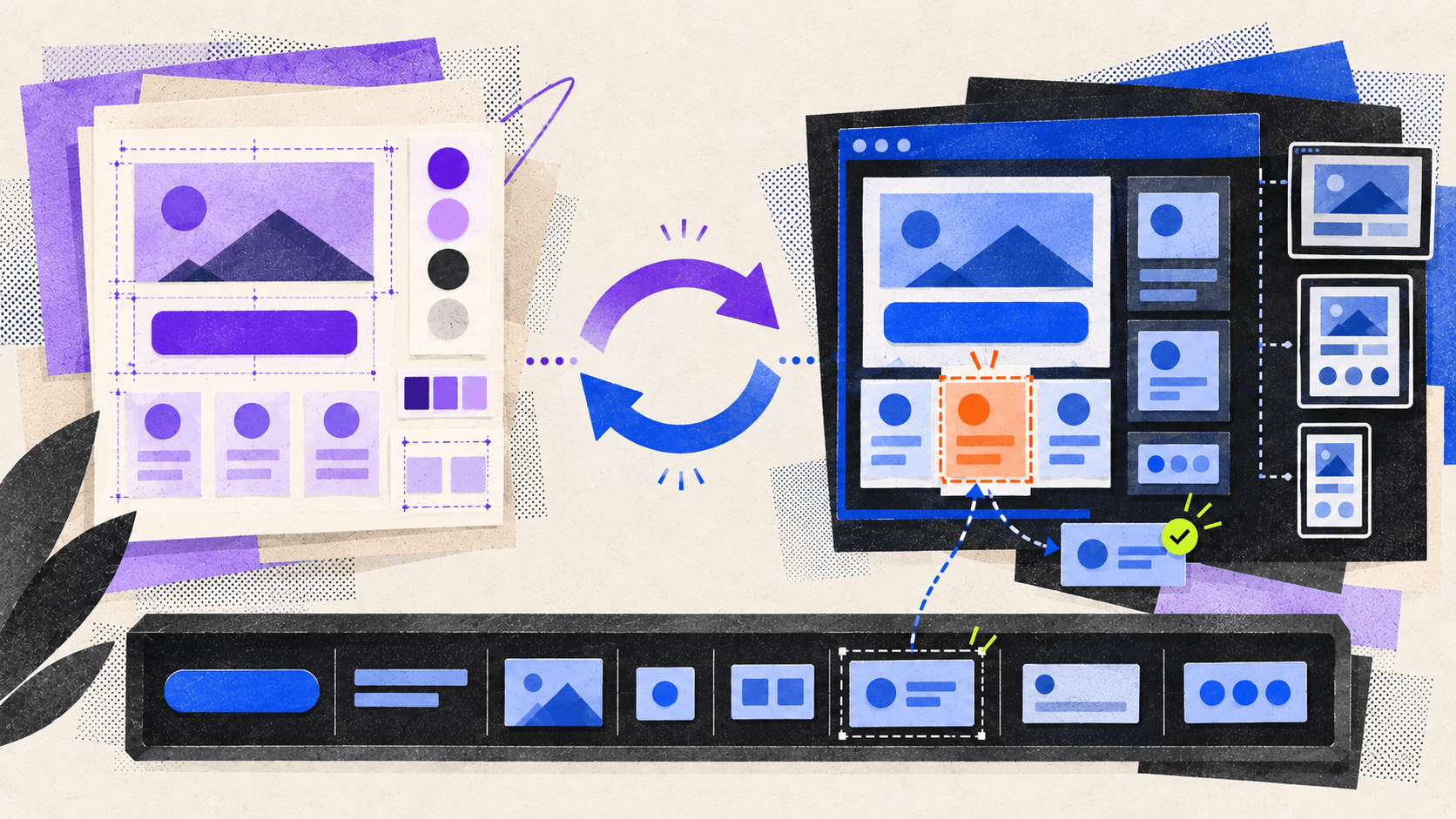 Design reference and coded component connected by an iterative review loop with reusable components and responsive layouts.