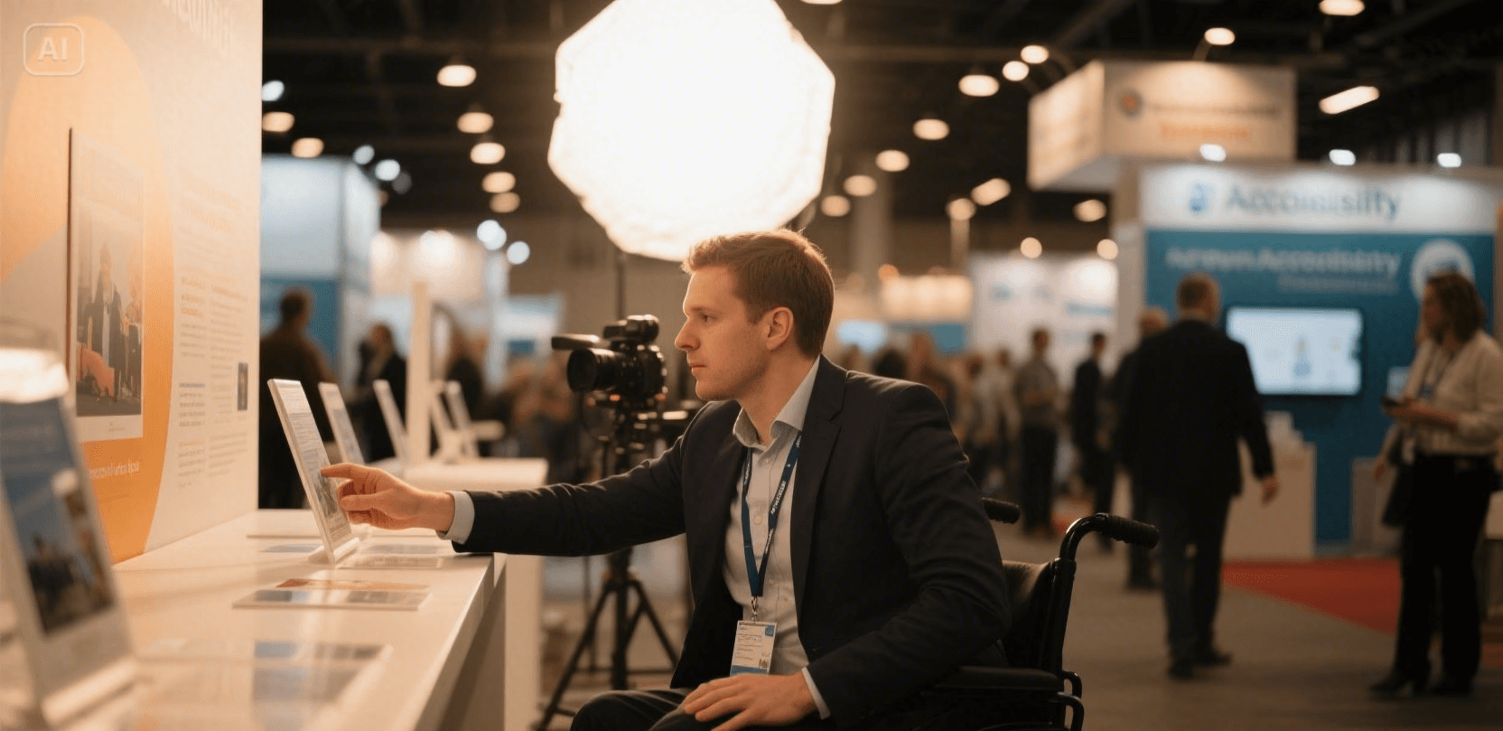 Ein Mann im Anzug sitzt in einem Rollstuhl und interagiert mit einem Tablet oder Bildschirm auf einer Messe. Er blickt nach vorne und hat die Hand auf dem Bildschirm. Im Hintergrund ist eine Messehalle oder Veranstaltung mit unscharfen Personen, Ständen und Beleuchtung zu sehen, darunter eine große, leuchtende Softbox. Hinter dem Mann steht ein Kamerastativ.