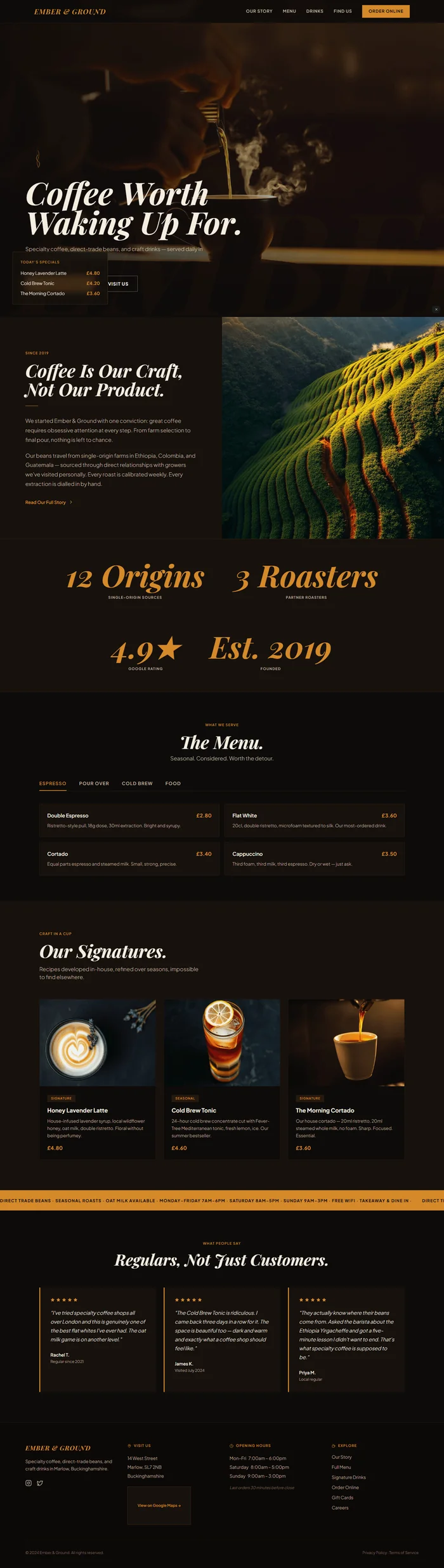 Lovable-generated Ember & Ground dark coffee shop site in espresso and amber