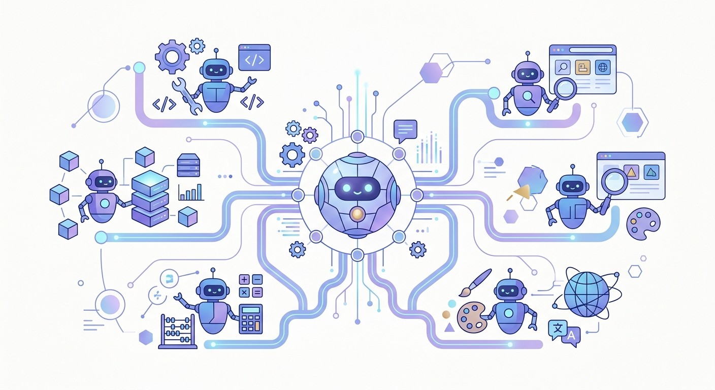 Illustration of AI agents with tools, memory, and an orchestrator coordinating tasks