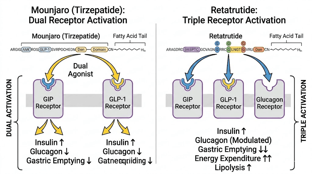Mounjaro dual agonist vs retatrutide triple agonist receptor comparison diagram