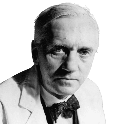 A black-and-white portrait of an older man with a serious expression, wearing a bow tie and a white coat, suggesting a professional in science or medicine. His intense gaze and aged features hint at a figure of significant contribution to his field, capturing the essence of a mid-20th century scholar or scientist in a moment of deep thought or discovery.