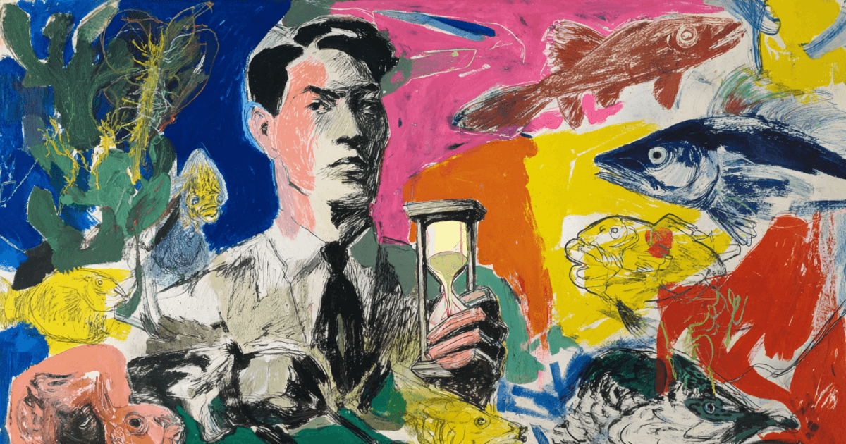 A man holding an hourglass surrounded by sea creatures