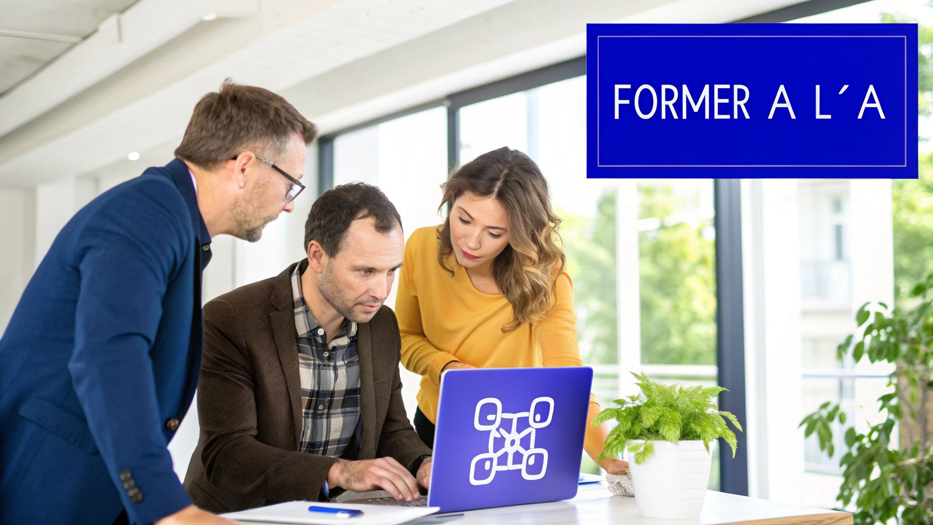 Trois collègues, deux hommes et une femme, collaborent autour d'un ordinateur portable lors d'une session de formation en entreprise.