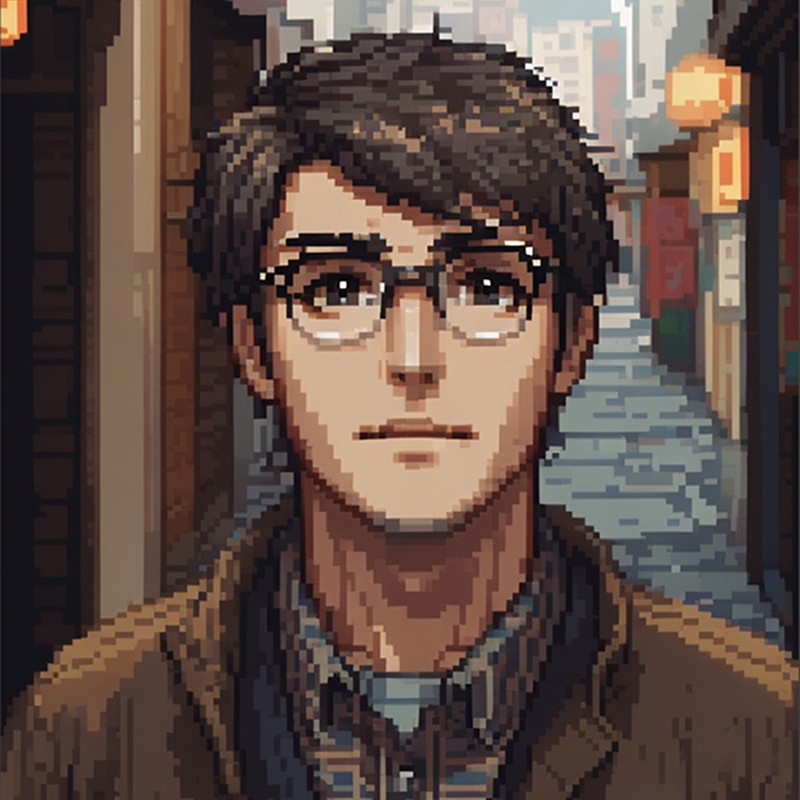 A pixel art depiction of a man with glasses, wearing a brown jacket, standing in a narrow alley with glowing lanterns in the background.