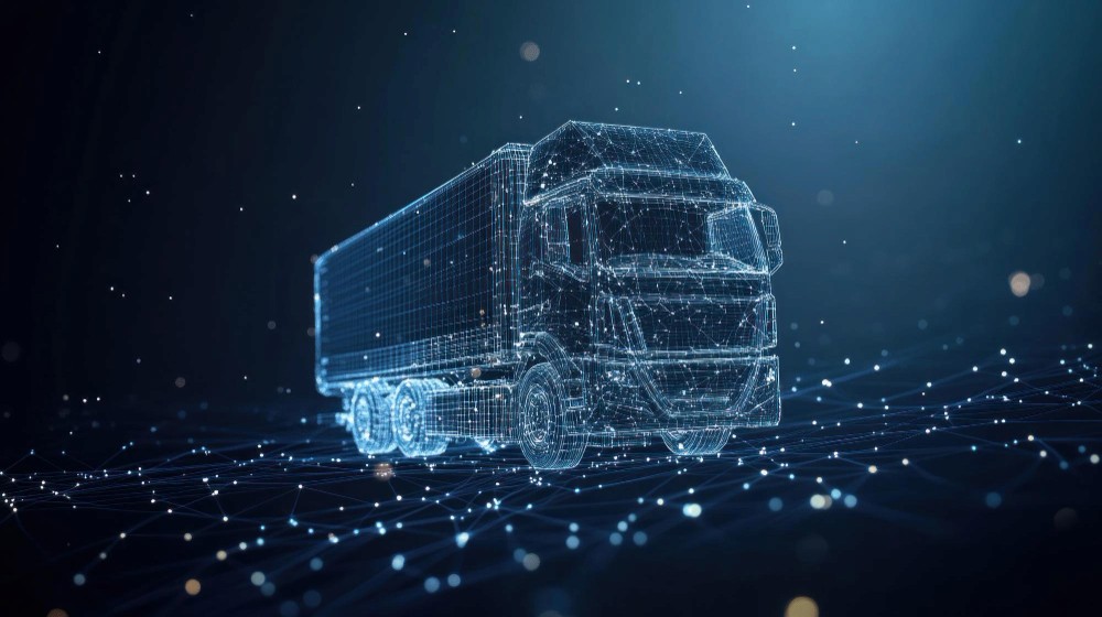 A futuristic digital representation of a truck, illuminated against a dark, glowing background.