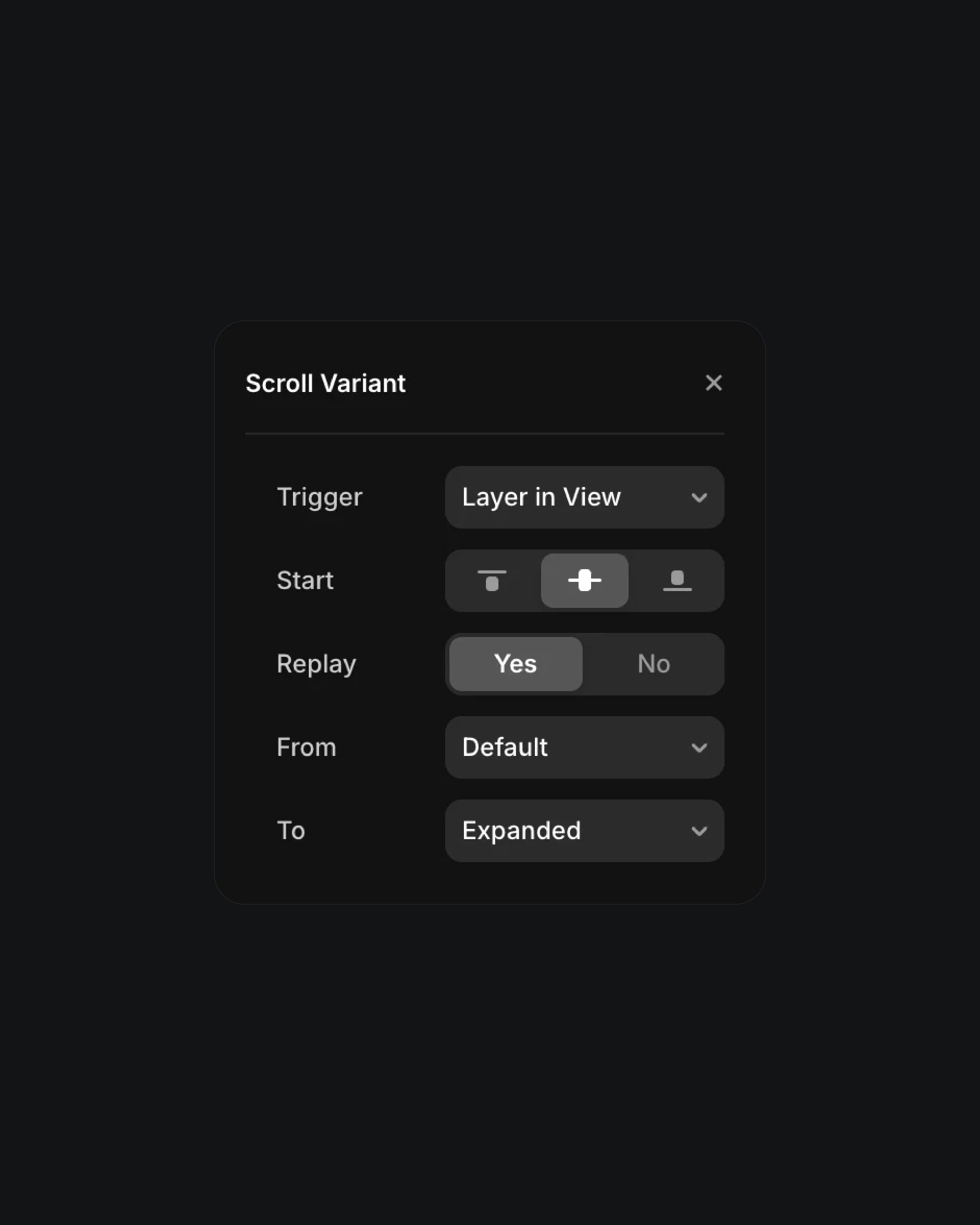 Scroll Variant settings interface featuring trigger, replay, and transition options from default to expanded states