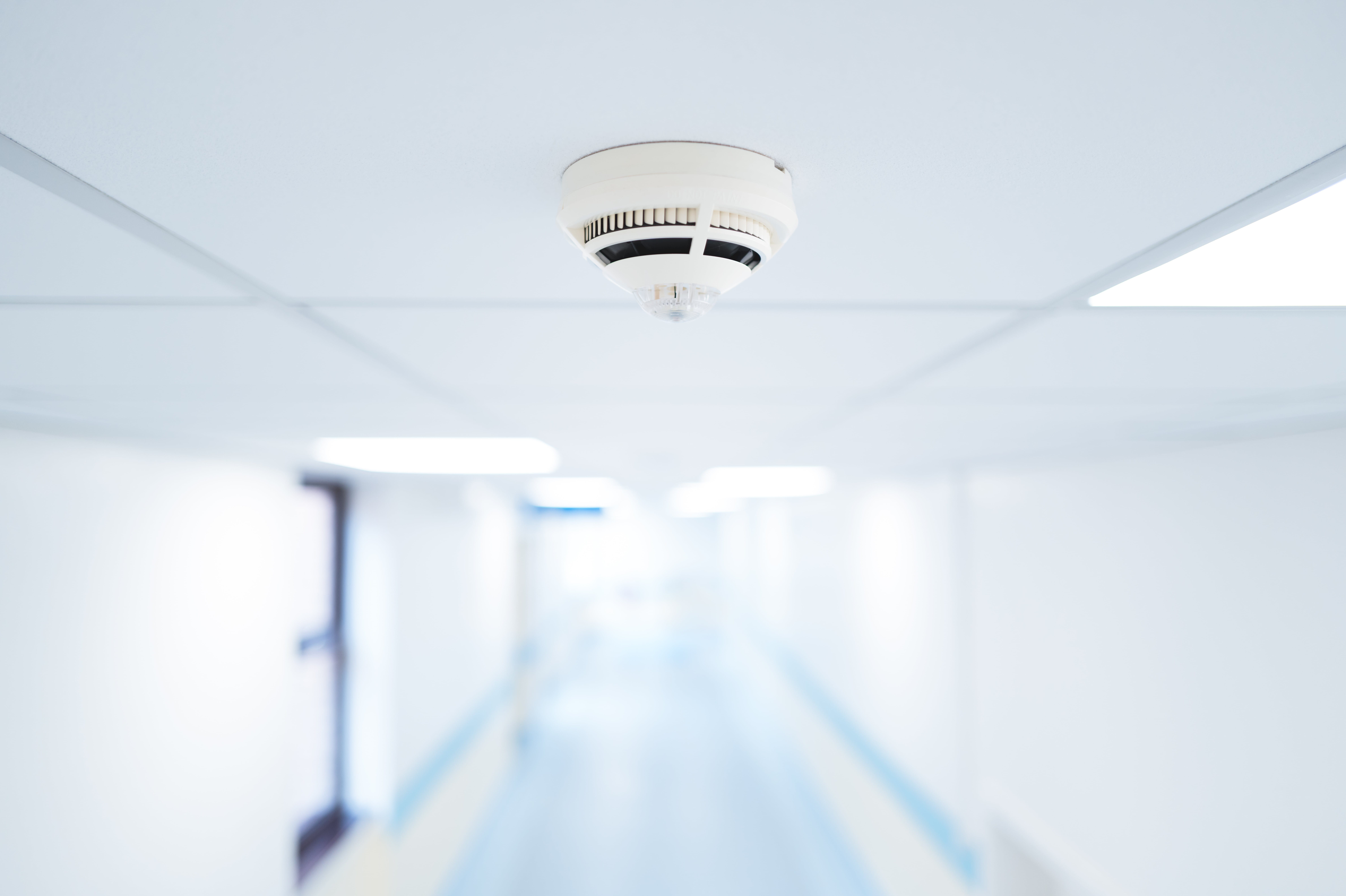 Shallow focus of smoke detection seen within a ceiling along a typical NHS hospital in Britain. The corridor branches to various wards.