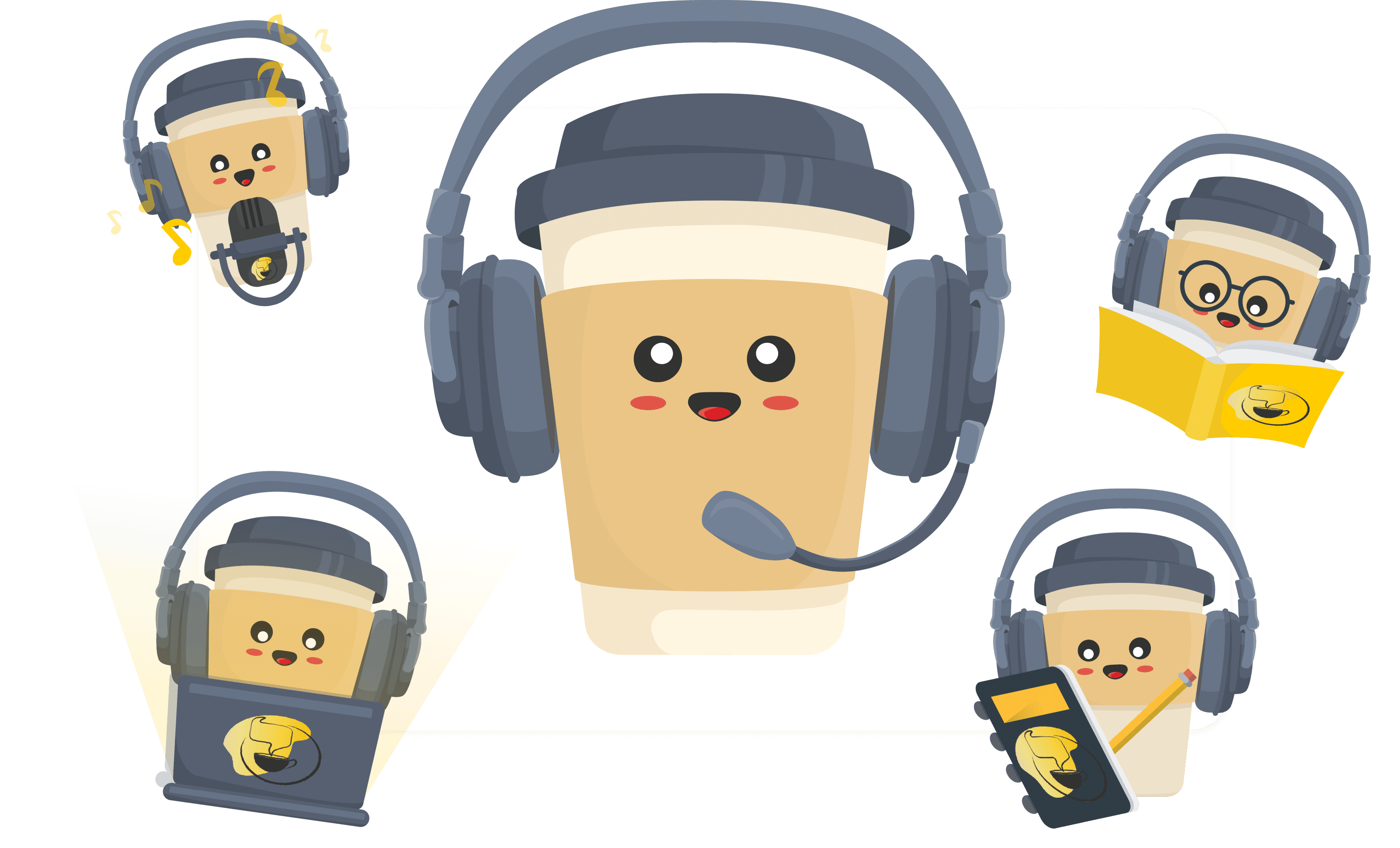 5 coffee cups with headsets and props