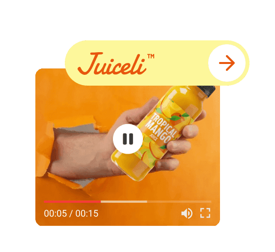 Interactive HTML5 rich media ad with video controls and animated product promotion.