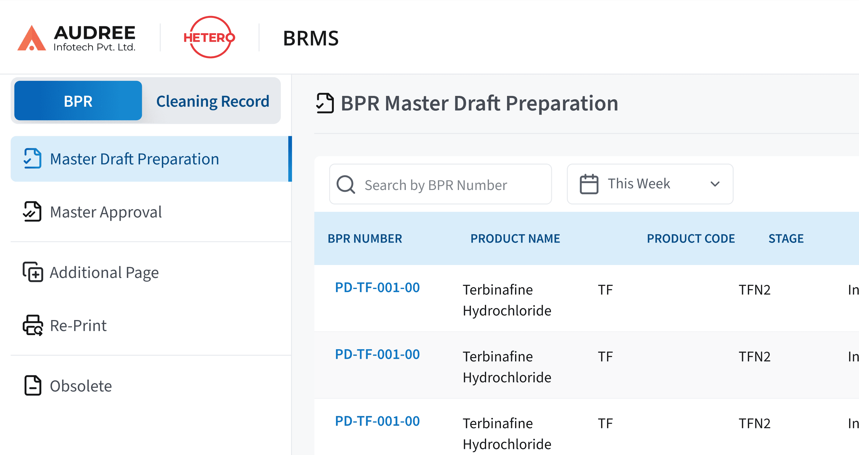 BRMS BPR master draft preparation dashboard