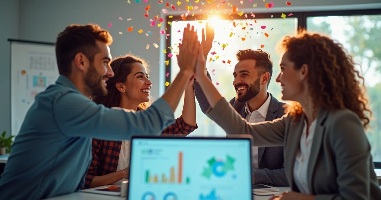 Equipe de vendas comemorando fechamento rápido com gráficos de crescimento