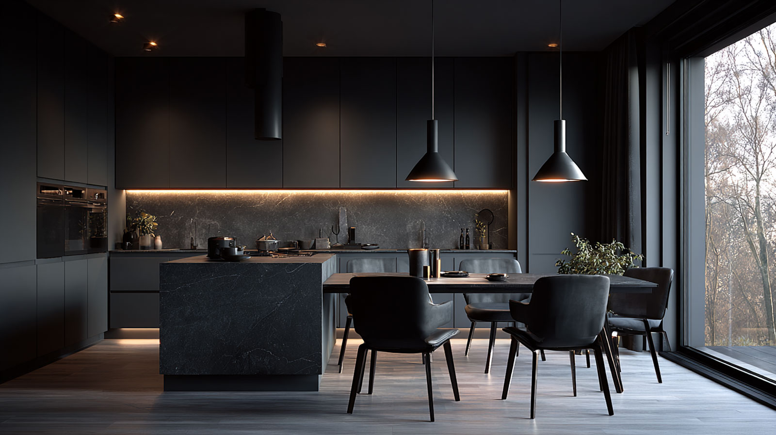 Moderne Küche mit mattschwarzen Schränken, Kochinsel und Esstisch. Minimalistisches Dekor, Pendelleuchten und große Fenster lassen natürliches Licht herein. Diese atemberaubende 3D-Darstellung zeigt elegante Geräte und eine Topfpflanze, die ein raffiniertes, dunkles Design schaffen.