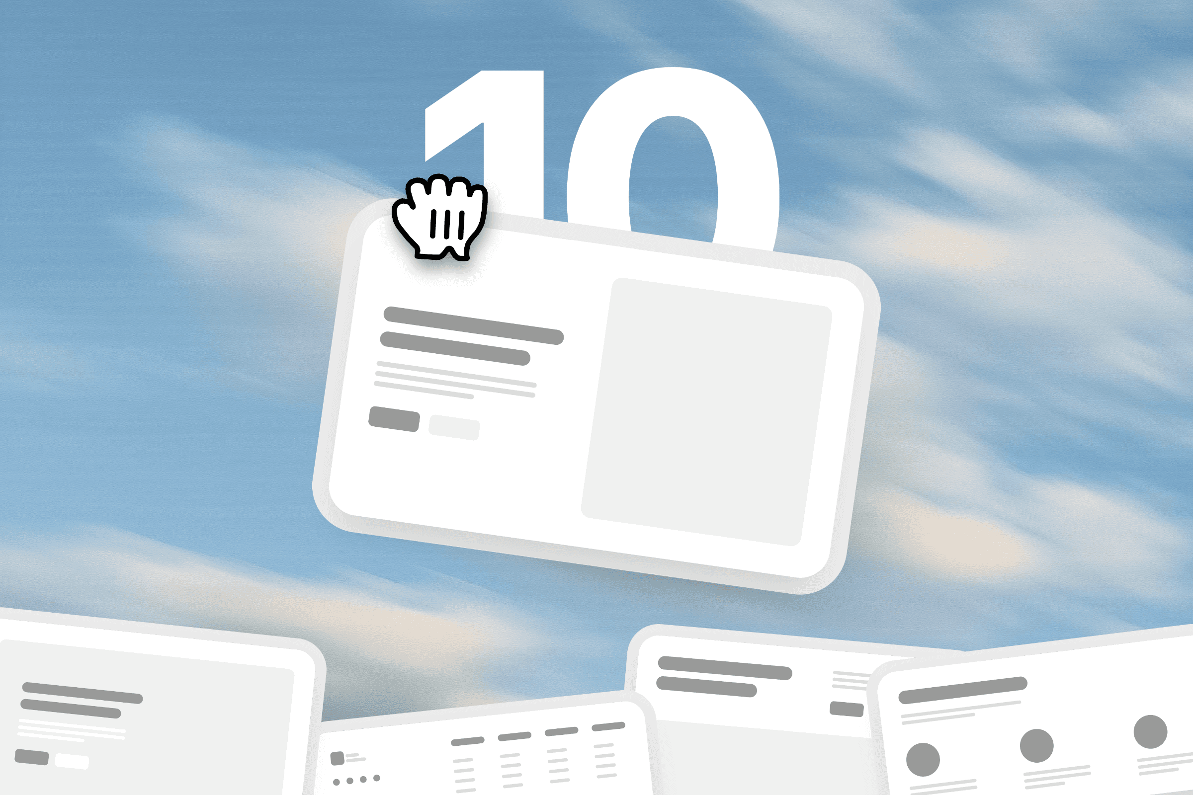 Floating website cards and the number 10 on a blue sky background representing the 10 best Framer UI kits