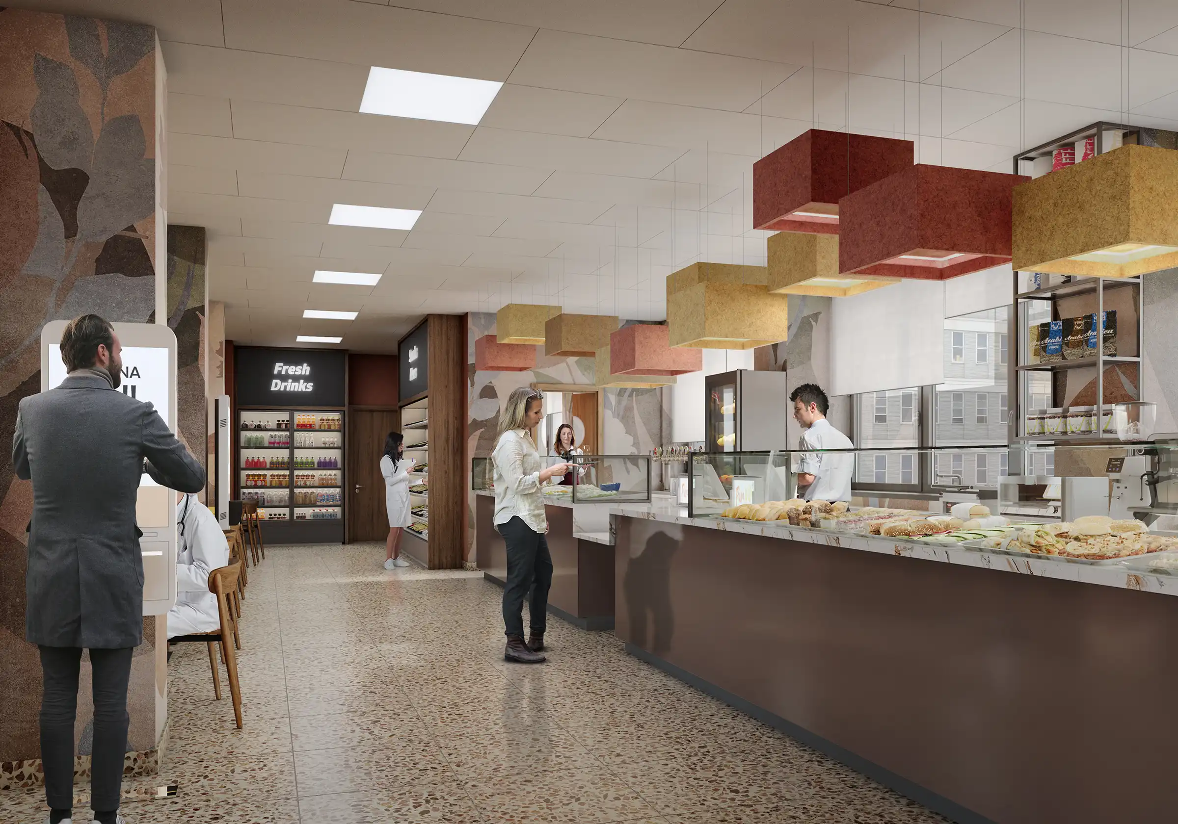 Modern café interior with service counter, pastry display cases, and "Fresh Drinks" refrigerated section. Contemporary food service and café design.