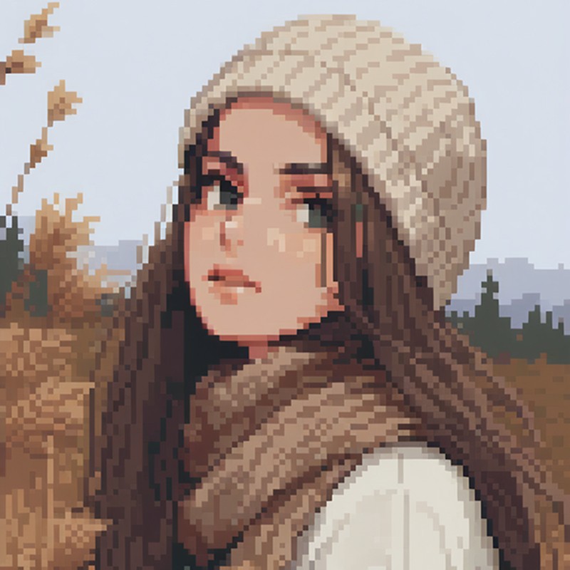 A pixel art portrait of a young woman wearing a cozy knit beanie and scarf, standing outdoors with a background of autumn foliage.