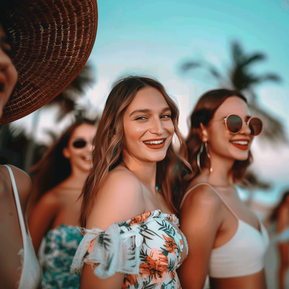 Four girls attending party at the beach wearing flowery beach dress.