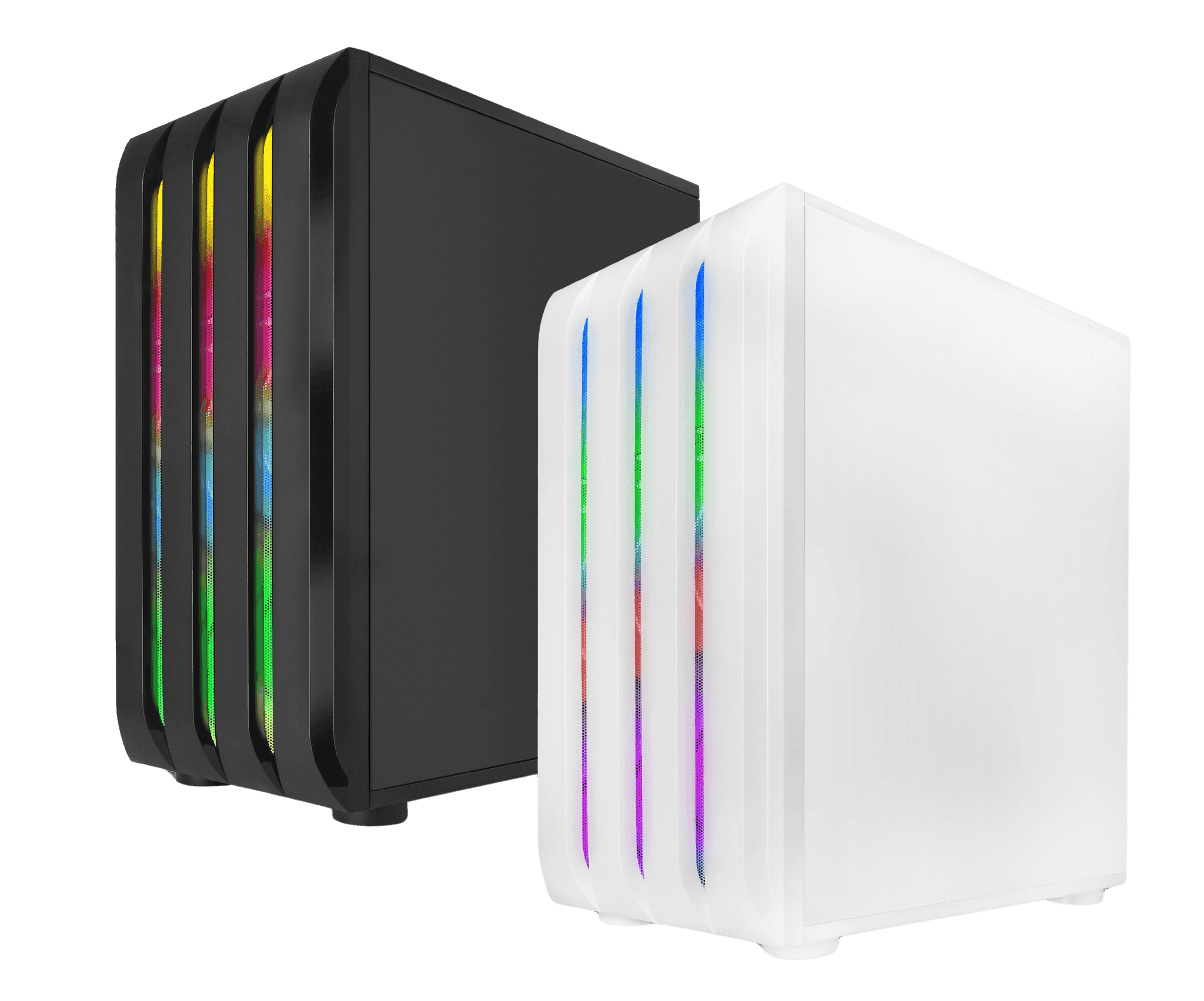 Best gaming PC with colorful RGB lights in white and black cases. The image shows two gaming PC cases with glowing LED strips. Features include the latest gaming PC builds, top gaming PC brands, and budget-friendly gaming PC options. The best PC builds for 2023 are shown, with a focus on high performance, budget gaming PC setups, and great for playing online games. The gaming PCs are designed for FPS gaming and feature custom PC builds with modded designs. Affordable gaming PCs are available, including finance gaming PC options, ideal for a top-notch gaming experience with options for PC assembly and pre-built systems.