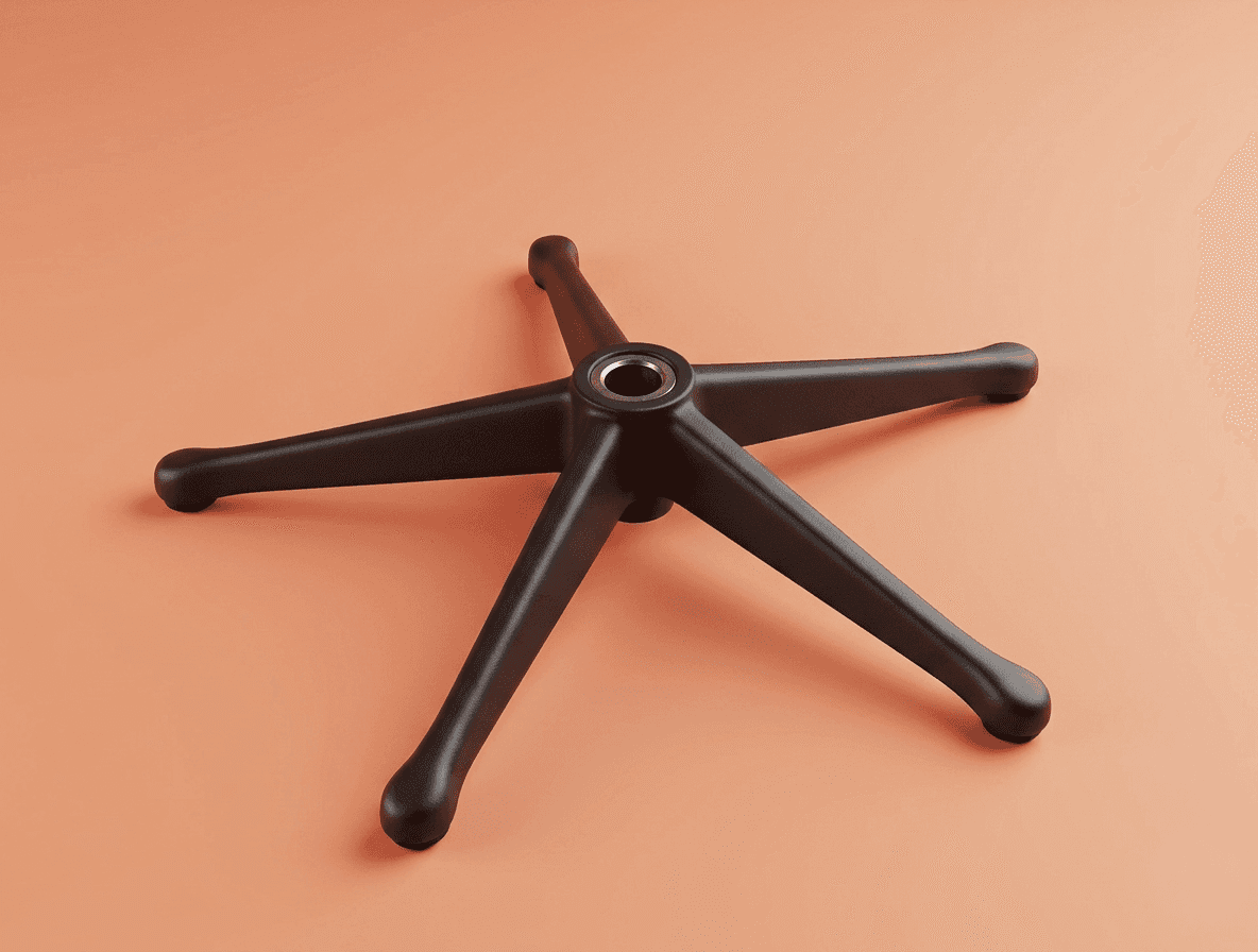 Modern matte black nylon 5-prong office chair base featuring a sleek, industrial design with a reinforced central gas lift socket and durable ergonomic legs for professional swivel chair manufacturing and repairs.