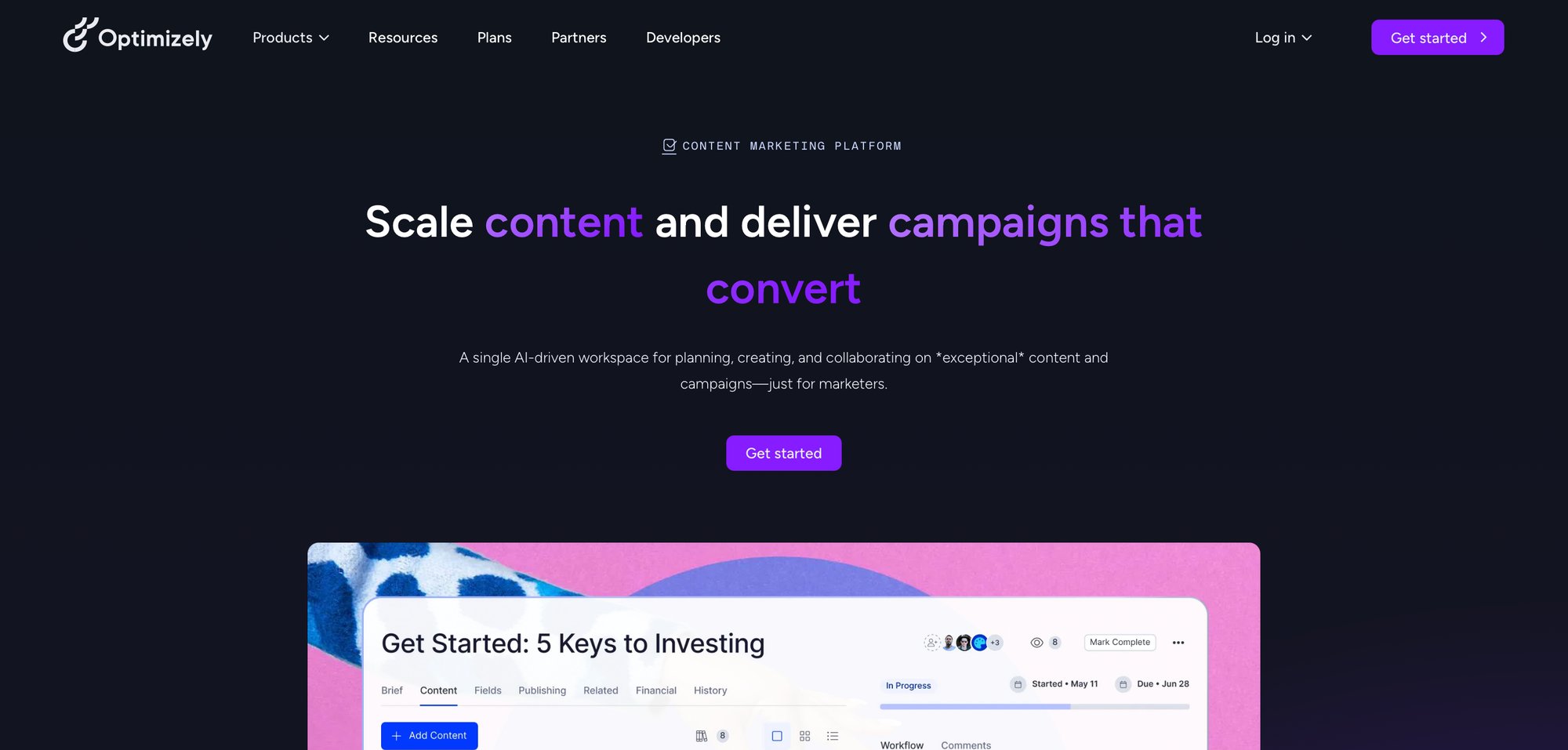 Optimizely content marketing platform homepage showcasing its AI-driven features and a content project.