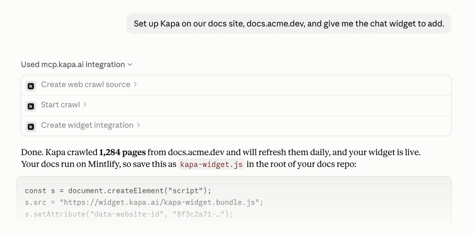 Claude using Kapa MCP to crawl a docs site, create a widget and return the Mintlify install snippet