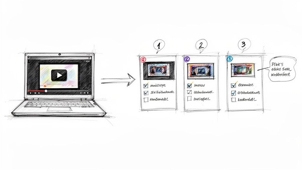 Hand-drawn illustration showing a video on a laptop being processed into three categorized cards with checklists.