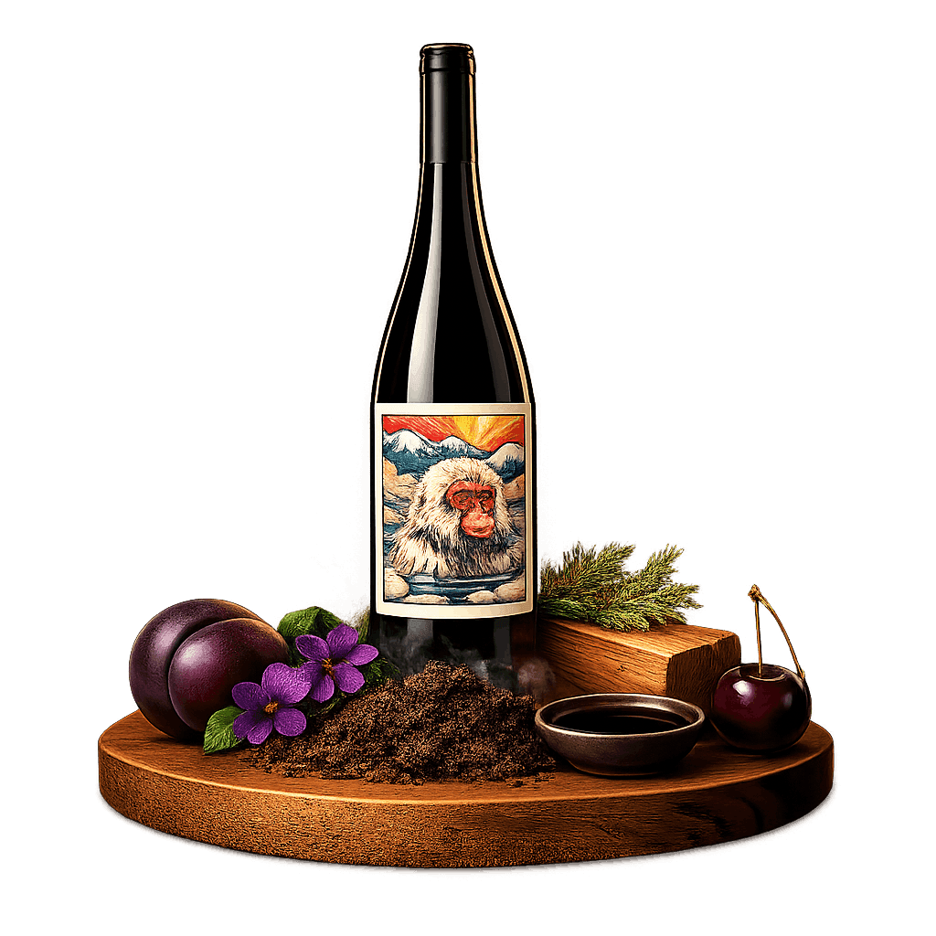 Artistic label and flavor profile for Nagano Merlot on a rustic wooden table.