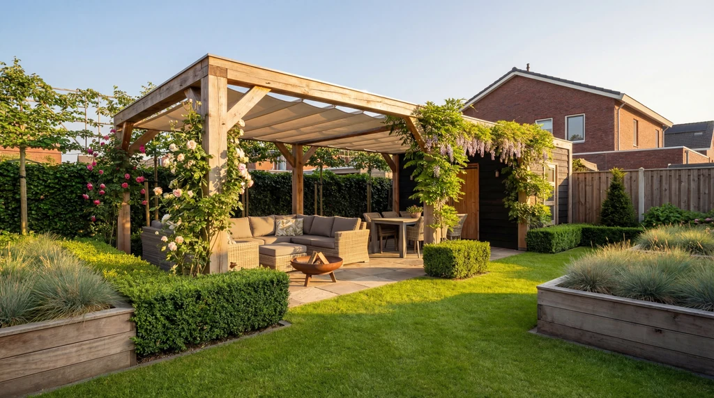 Moderne pergola in een groene tuin met zitgedeelte en bloemen.